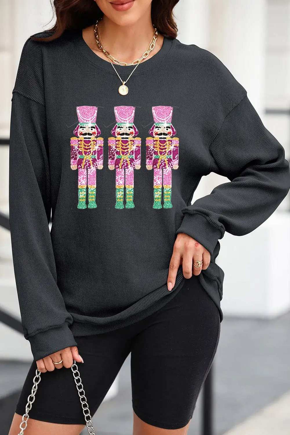 Sequin Nutcracker Round Neck Long Sleeve Sweatshirt - Trendsi - Flyclothing LLC
