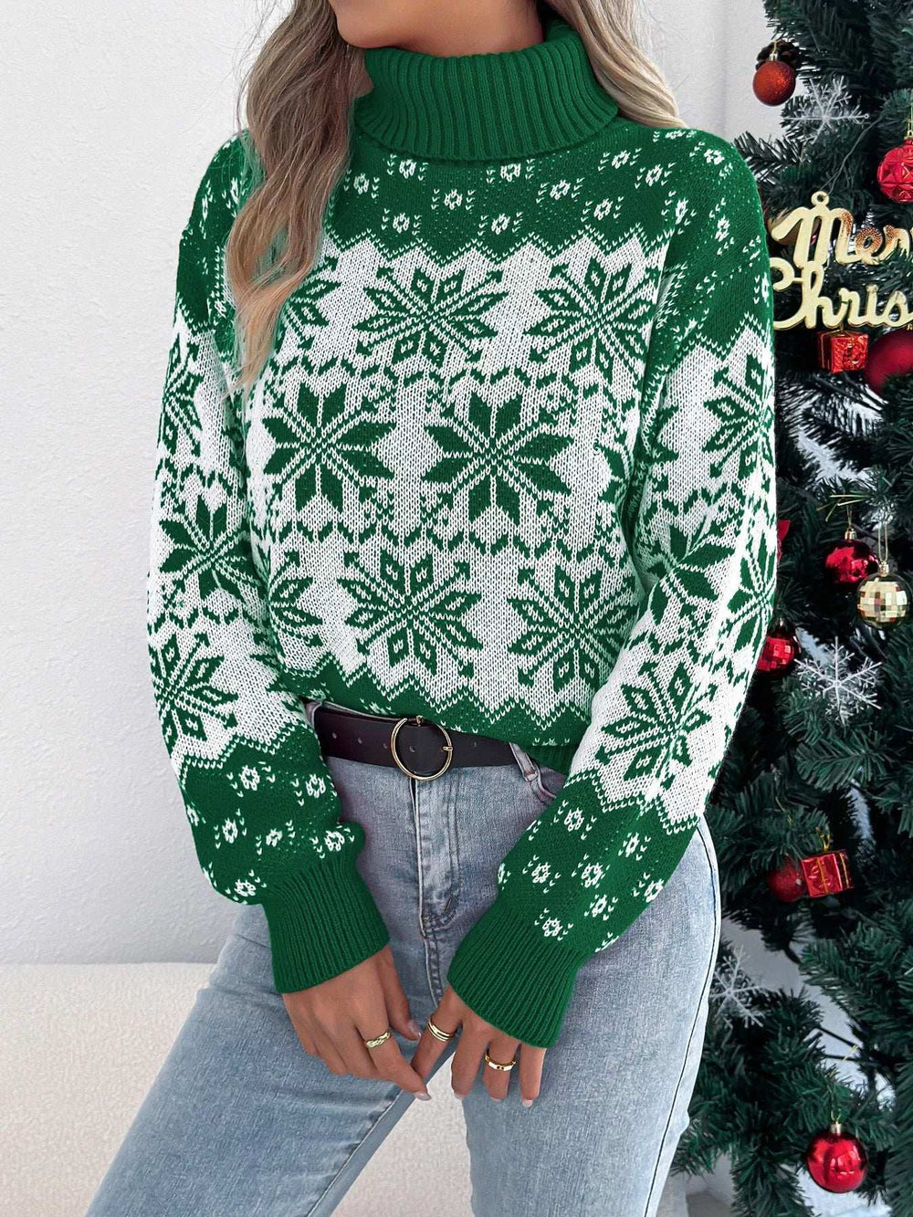 Christmas Snowflake Turtleneck Long Sleeve Sweater - Trendsi - Flyclothing LLC