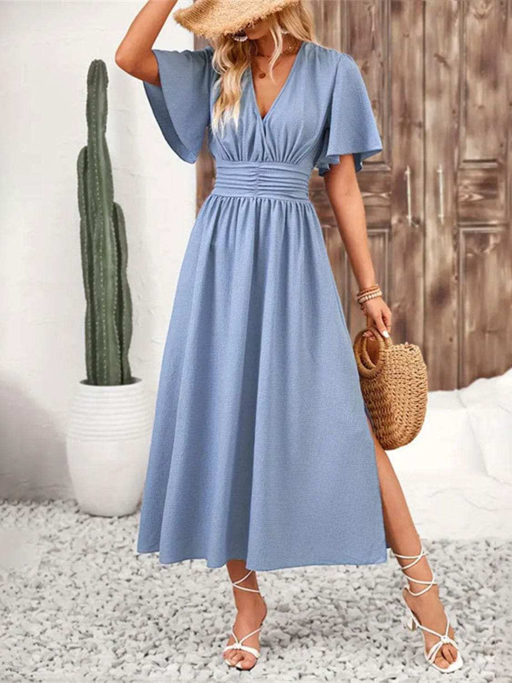 Side Slit Surplice Flutter Sleeve Midi Dress - Trendsi - Flyclothing LLC
