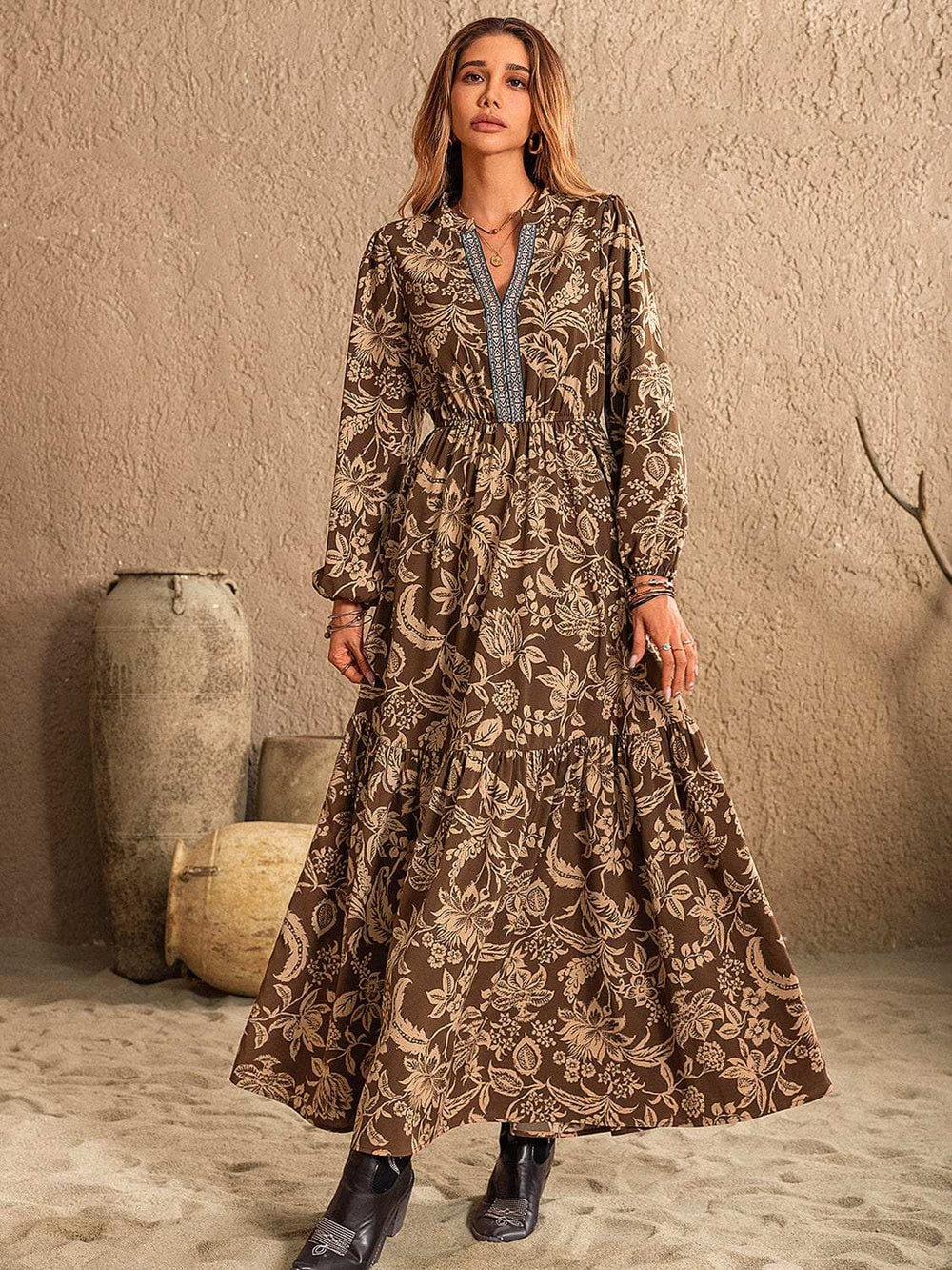 Ruched Printed Notched Long Sleeve Maxi Dress - Trendsi - Flyclothing LLC