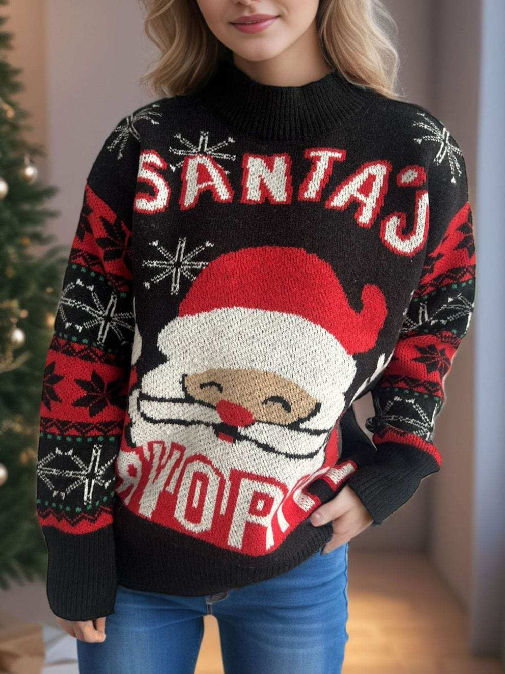 Santa Mock Neck Long Sleeve Sweater - Trendsi - Flyclothing LLC