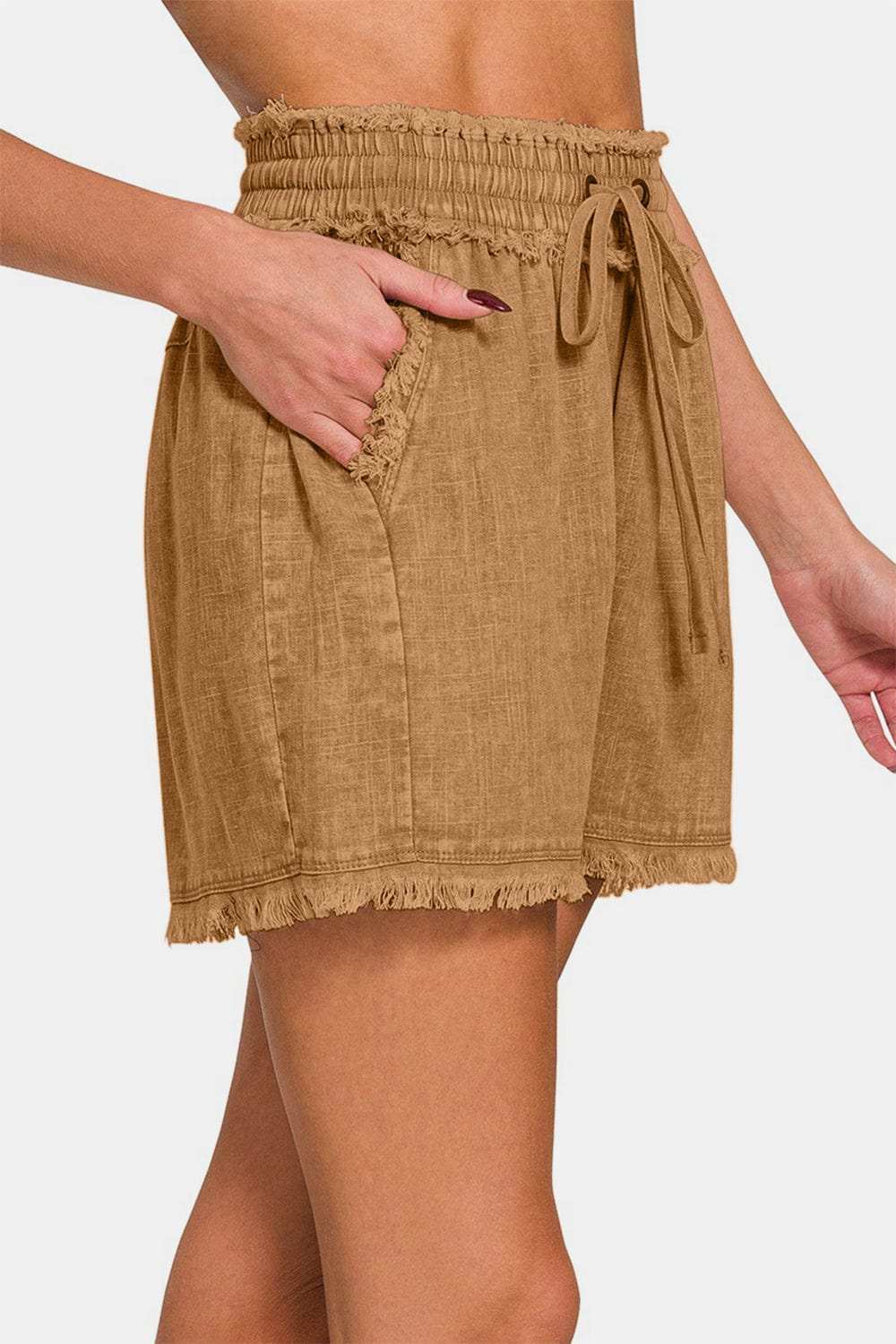 Zenana Washed Linen Frayed Hem Drawstring Shorts - Trendsi - Flyclothing LLC