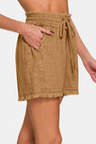 Zenana Washed Linen Frayed Hem Drawstring Shorts - Trendsi - Flyclothing LLC
