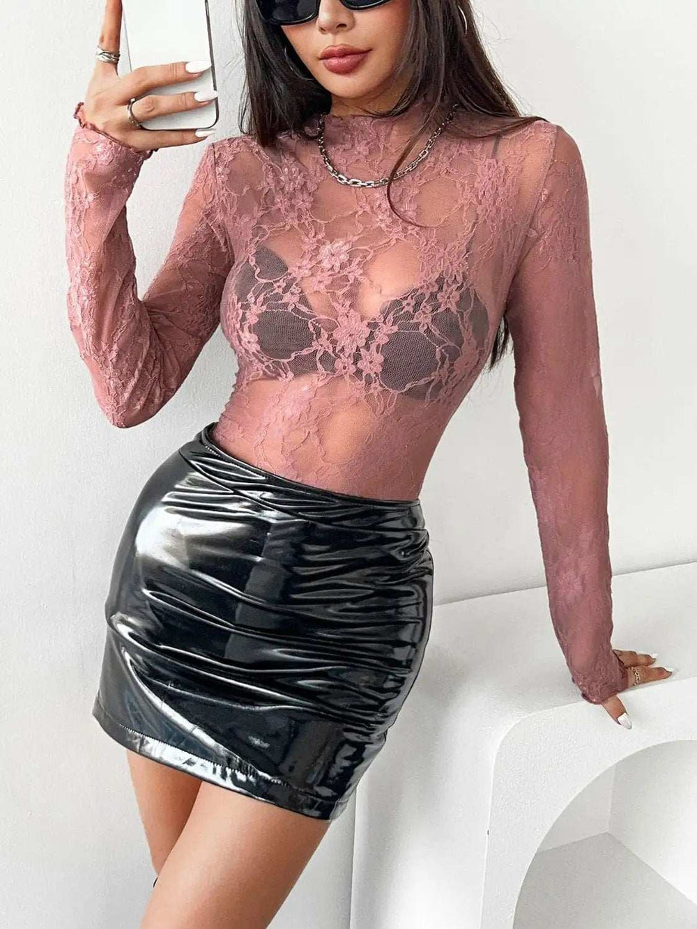 Mock Neck Long Sleeve Sheer Lace Top - Trendsi - Flyclothing LLC