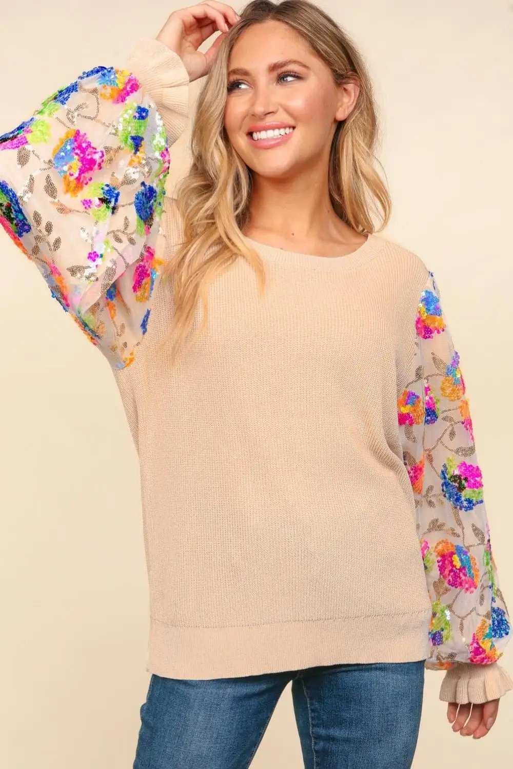 Haptics Floral Sequins Mesh Flounce Sleeve Sweater - Trendsi - Flyclothing LLC
