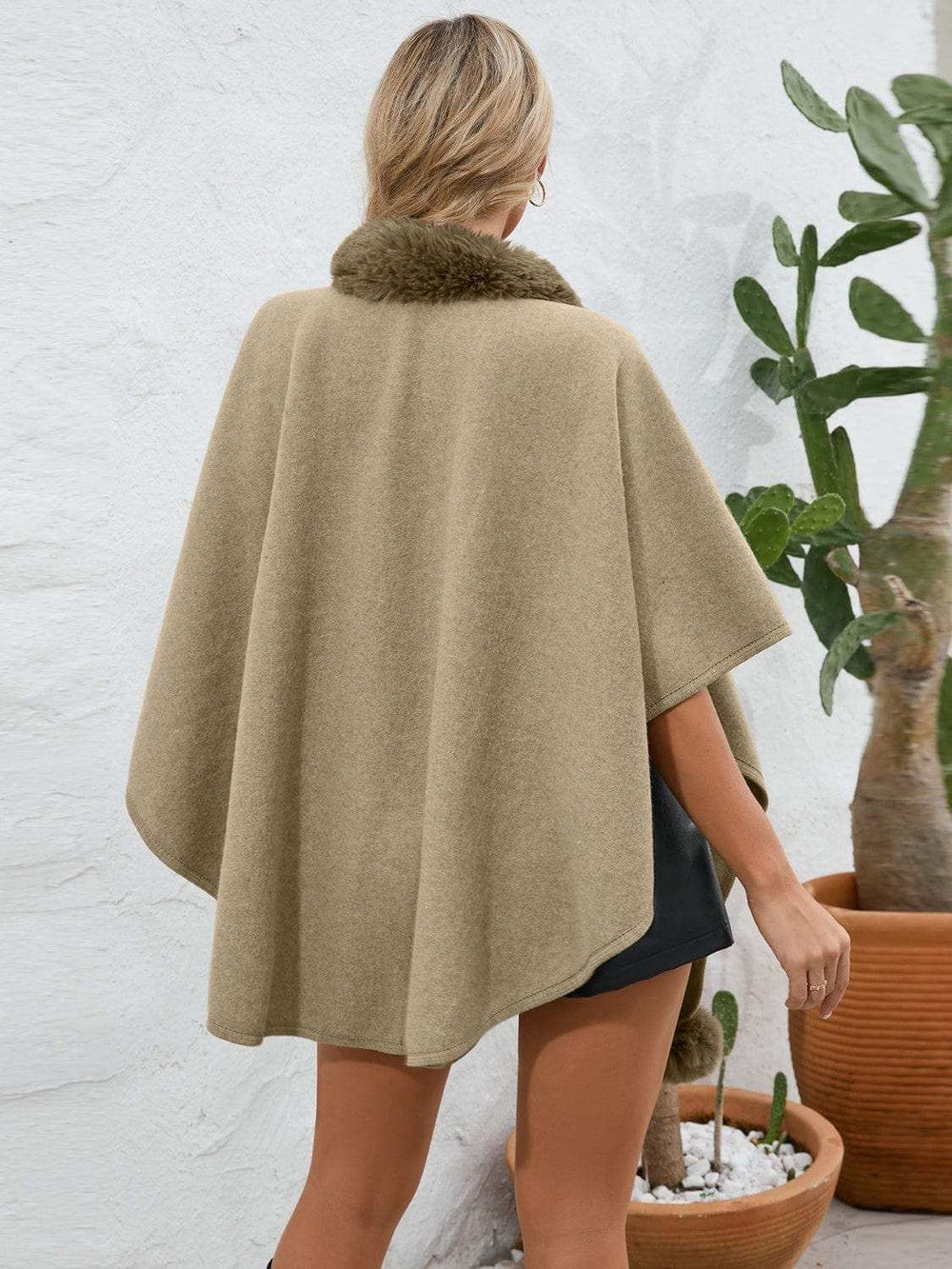 Fuzzy Trim Open Front Poncho - Trendsi - Flyclothing LLC