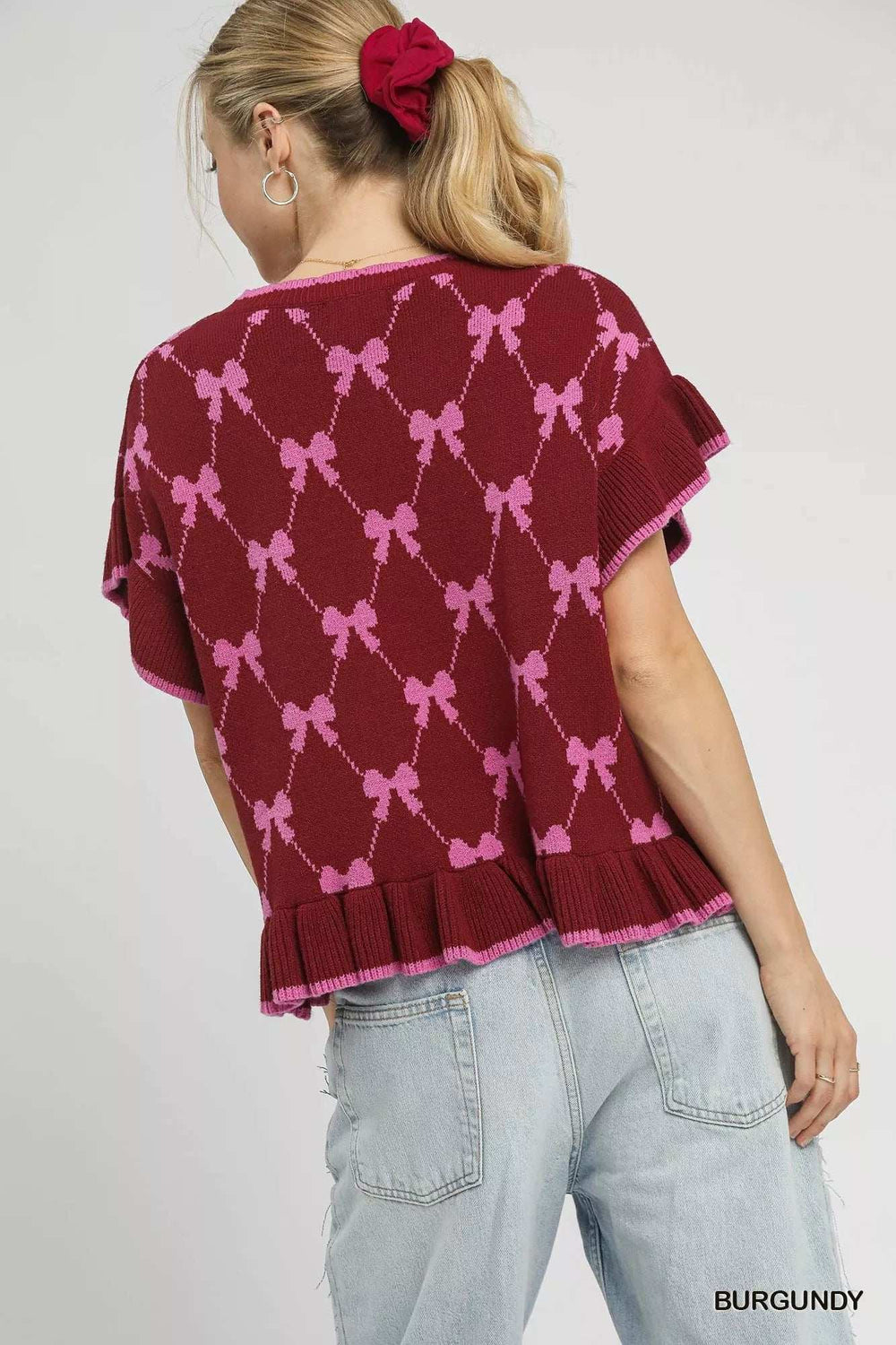 Umgee Bow Knit Ruffle Sleeve Sweater - Trendsi - Flyclothing LLC