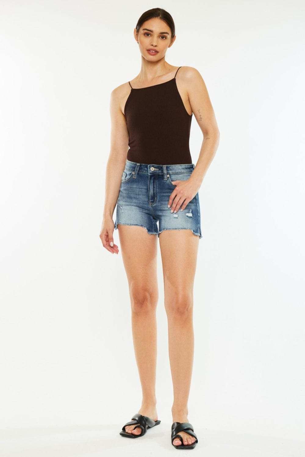 Kancan High Waist Raw Hem Denim Shorts - Trendsi - Flyclothing LLC