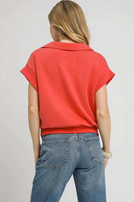 Umgee Luxe Knit Collared Short Sleeve Polo Sweatshirt - Trendsi - Flyclothing LLC