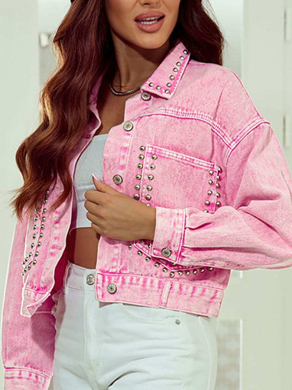 Studded Button Up Denim Jacket - Trendsi - Flyclothing LLC