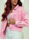 Studded Button Up Denim Jacket - Trendsi - Flyclothing LLC