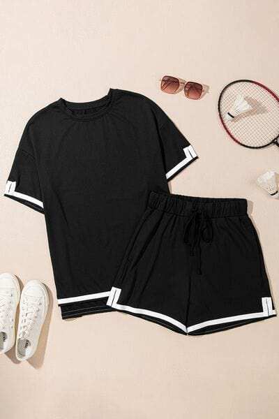 Contrast Trim Tee and Shorts Set - Trendsi - Flyclothing LLC