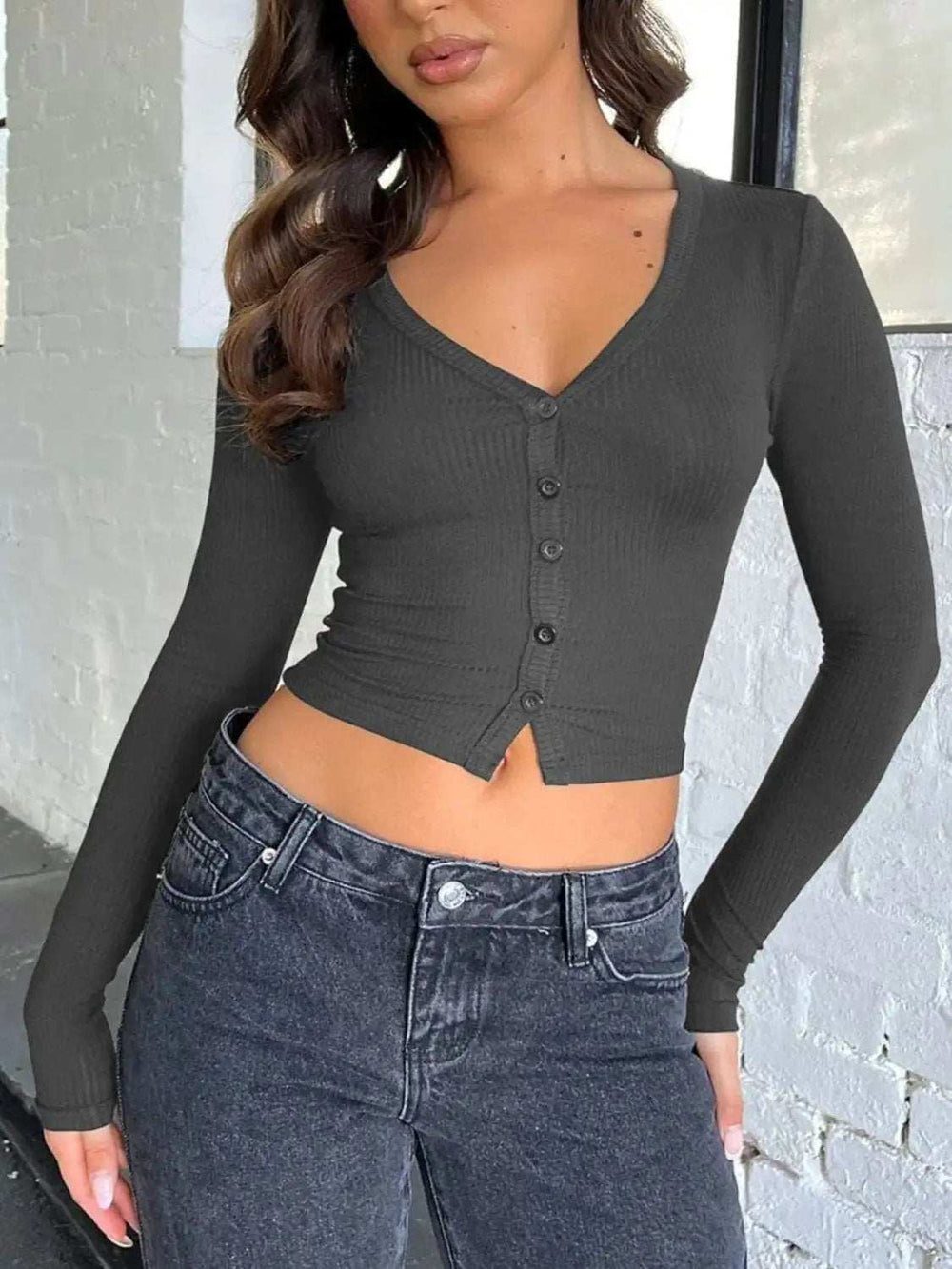 Buttoned V-Neck Long Sleeve T-Shirt - Trendsi - Flyclothing LLC