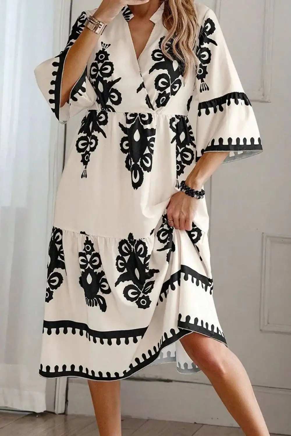 Printed Half Sleeve Knee Length Dress - Trendsi - Flyclothing LLC