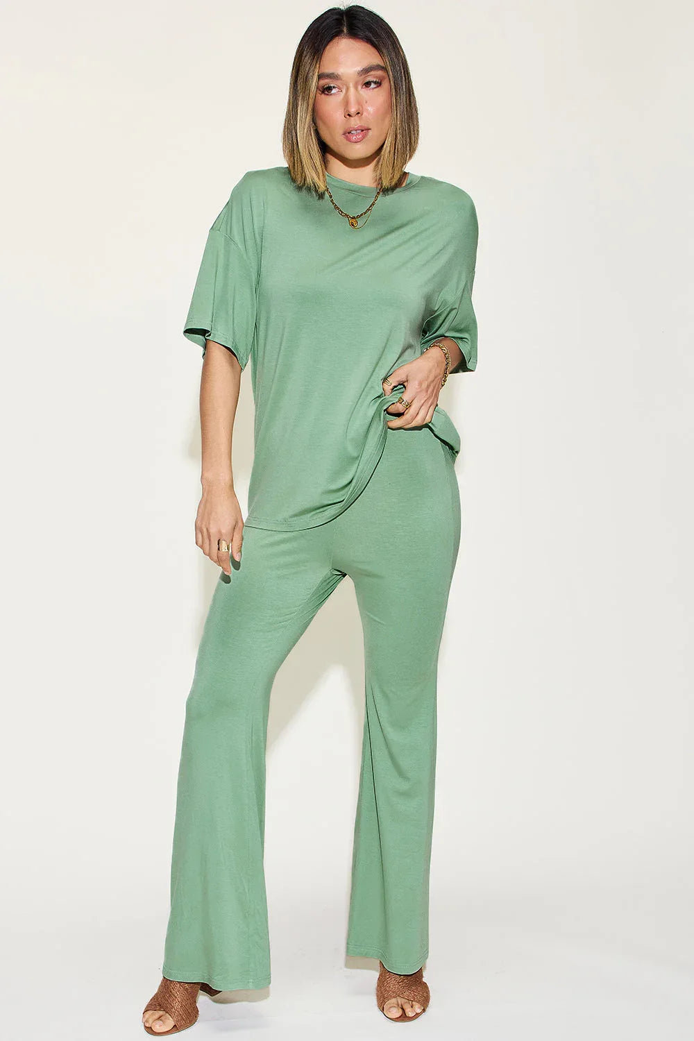 Basic Bae Full Size Bamboo Drop Shoulder T-Shirt and Flare Pants Set - ShopBasicbae - Flyclothing LLC