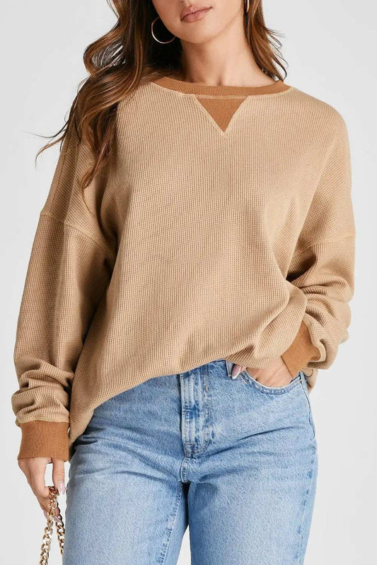 Waffle-Knit Long Sleeve Sweatshirt - Trendsi - Flyclothing LLC