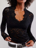 V-Neck Long Sleeve Lace Top - Trendsi - Flyclothing LLC