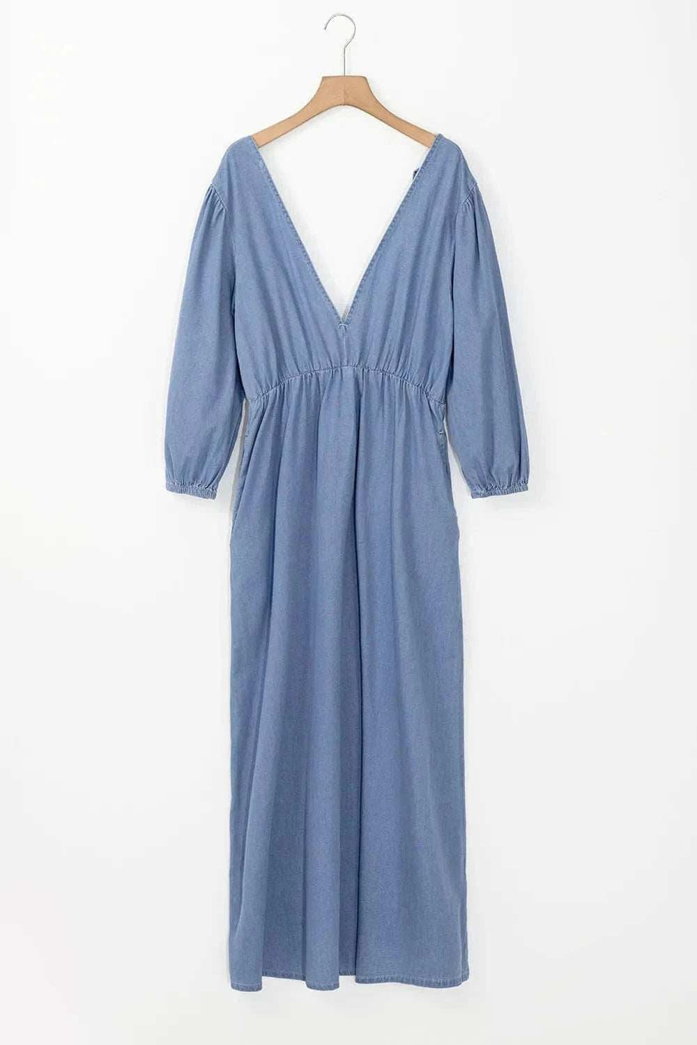 Tied Plunge Three-Quarter Sleeve Denim Dress - Trendsi - Flyclothing LLC