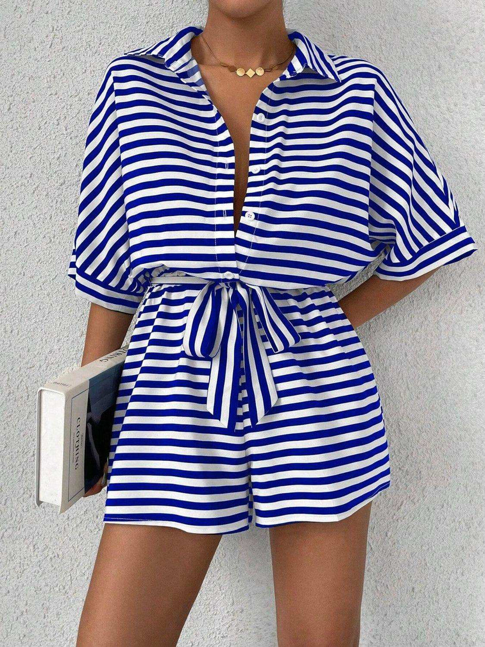 Tie Waist Half Button Striped Romper - Trendsi - Flyclothing LLC