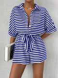 Tie Waist Half Button Striped Romper - Trendsi - Flyclothing LLC