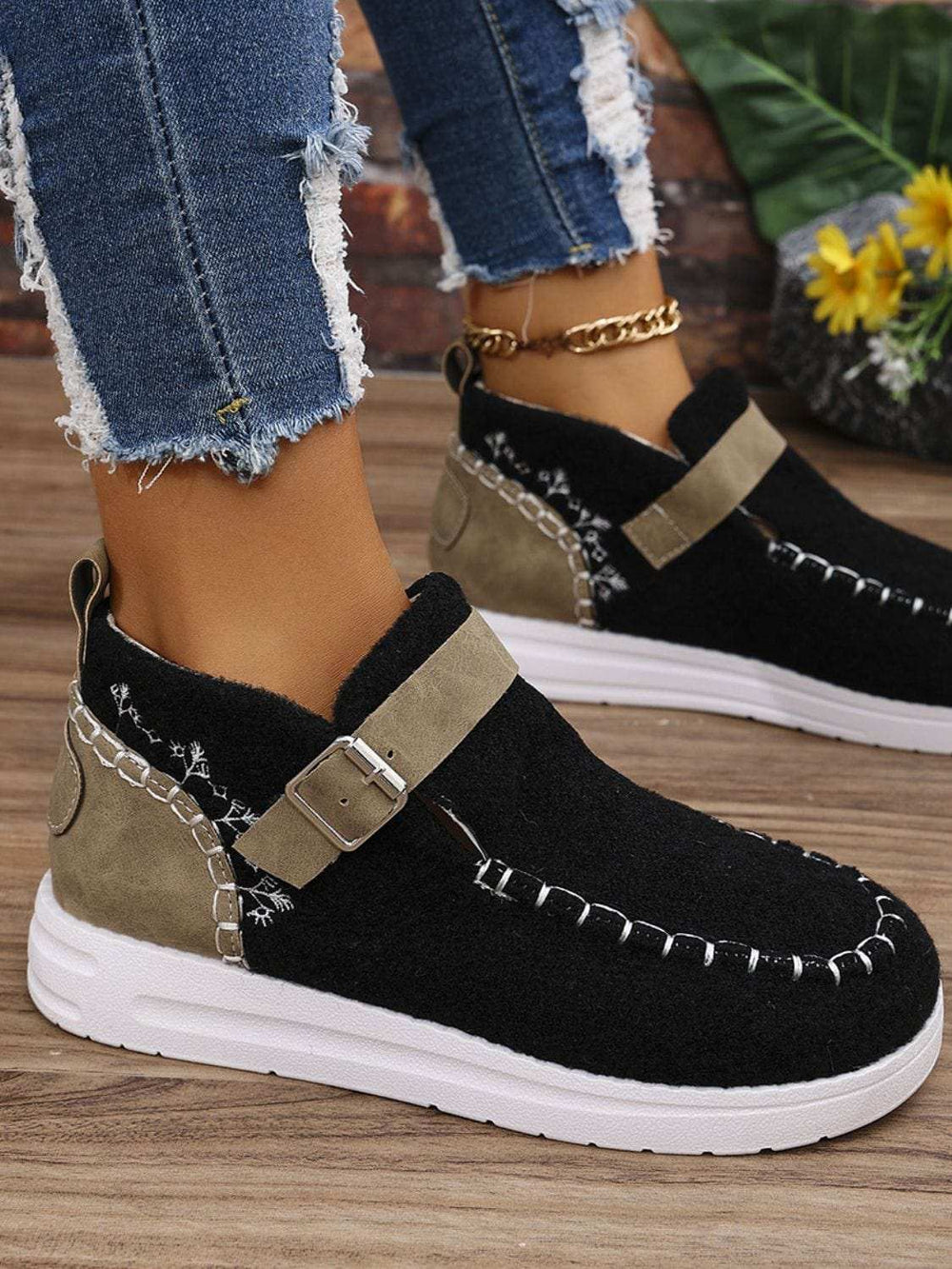 Contrast Round Toe Buckle Sneakers - Trendsi - Flyclothing LLC