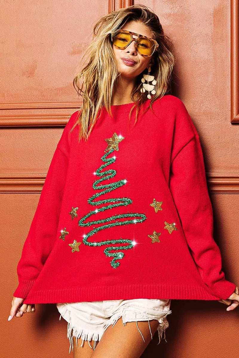 BiBi Sequin Star Tinsel Christmas Sweater - Trendsi - Flyclothing LLC