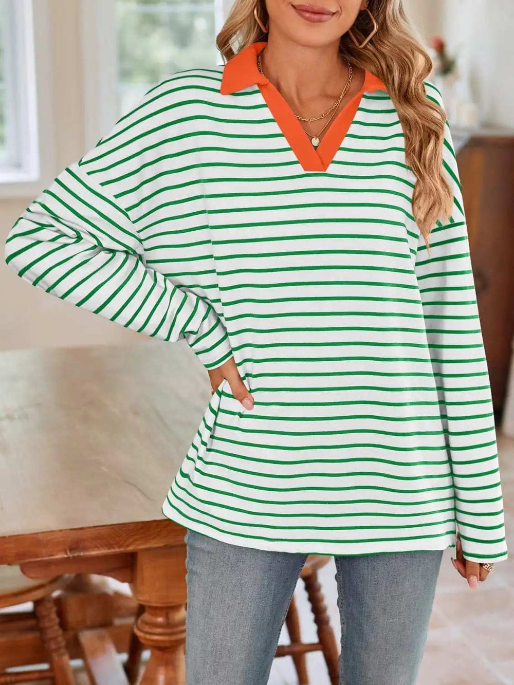 Striped Johnny Collar Long Sleeve T-Shirt - Trendsi - Flyclothing LLC