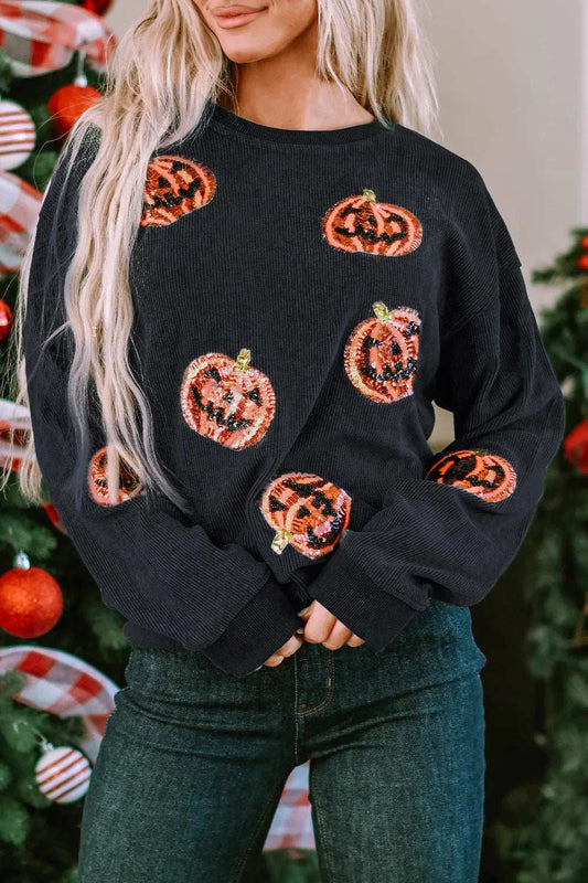 Sequin Patch Pumpkin Round Neck Sweatshirt - Trendsi - Flyclothing LLC