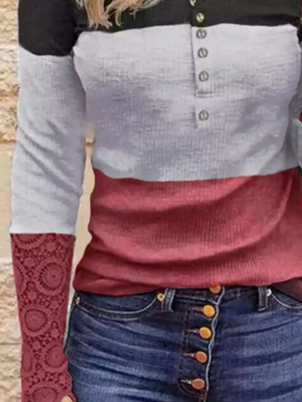 Color Block Lace Detail Half Button T-Shirt - Trendsi - Flyclothing LLC