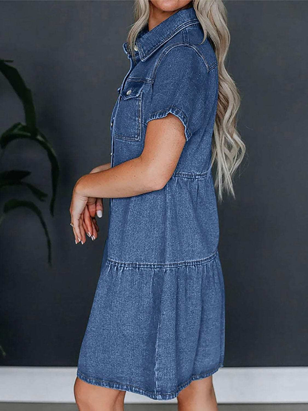 Pocketed Button Up Collared Neck Short Sleeve Denim Dress - Trendsi - Flyclothing LLC