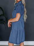Pocketed Button Up Collared Neck Short Sleeve Denim Dress - Trendsi - Flyclothing LLC