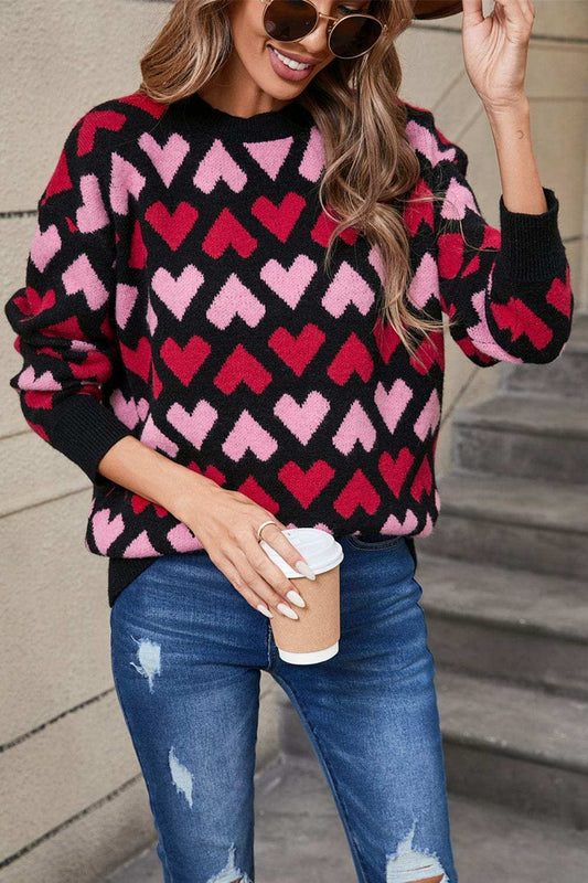 Angel Wings Contrast Heart Round Neck Sweater - Trendsi - Flyclothing LLC