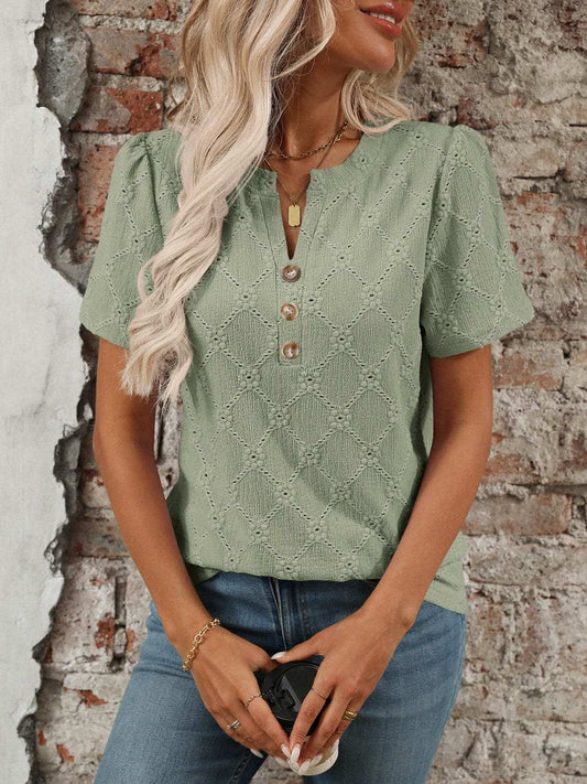 Eyelet Notched Short Sleeve Top - Trendsi - Flyclothing LLC