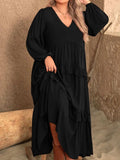 Plus Size Ruffled V-Neck Long Sleeve Dress - Trendsi - Flyclothing LLC
