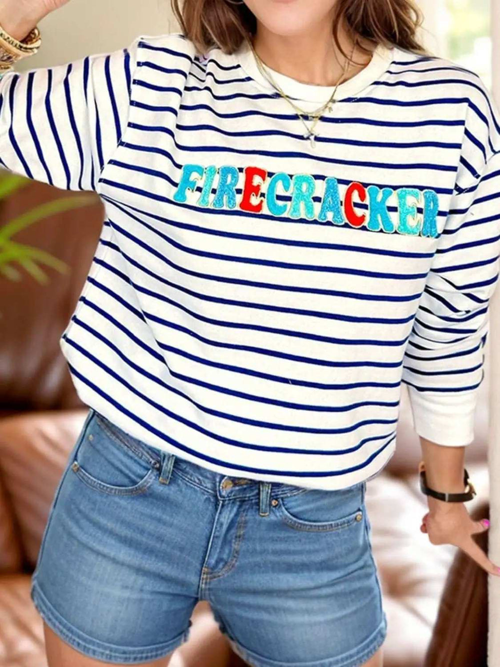 FIRECRACKER Striped Long Sleeve Sweatshirt - Trendsi - Flyclothing LLC