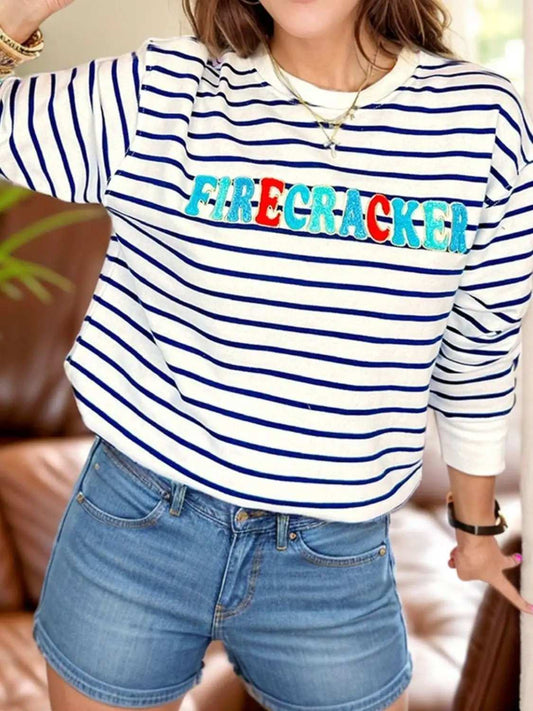 FIRECRACKER Striped Long Sleeve Sweatshirt - Trendsi - Flyclothing LLC