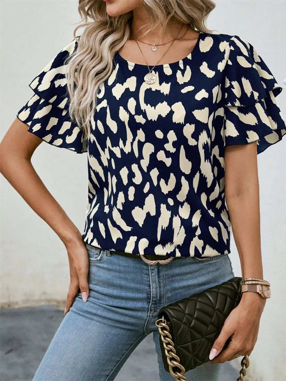Ruffled Printed Round Neck Short Sleeve Blouse - Trendsi - Flyclothing LLC