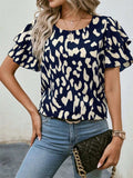 Ruffled Printed Round Neck Short Sleeve Blouse - Trendsi - Flyclothing LLC