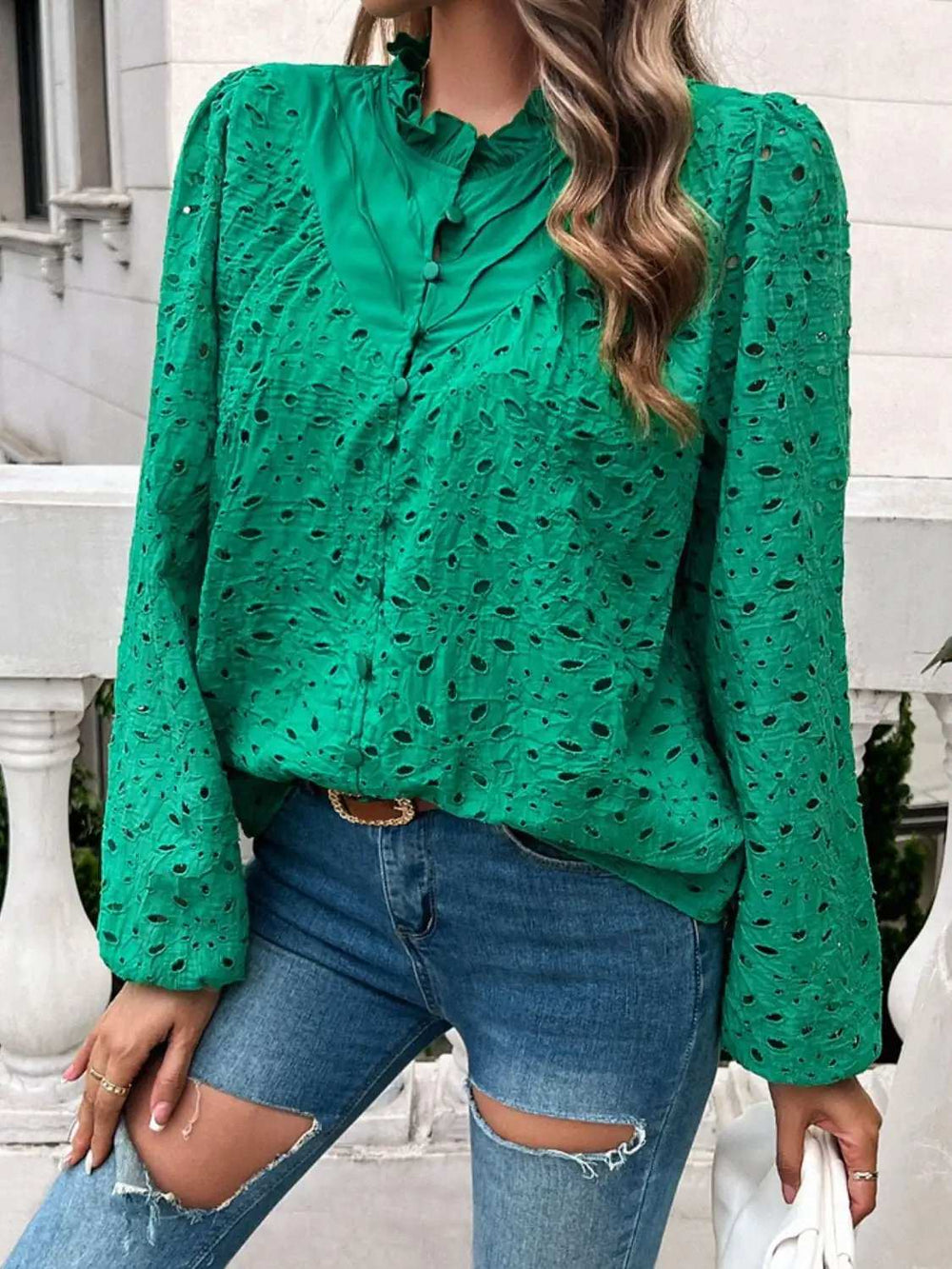 Frill Round Neck Long Sleeve Shirt - Trendsi - Flyclothing LLC