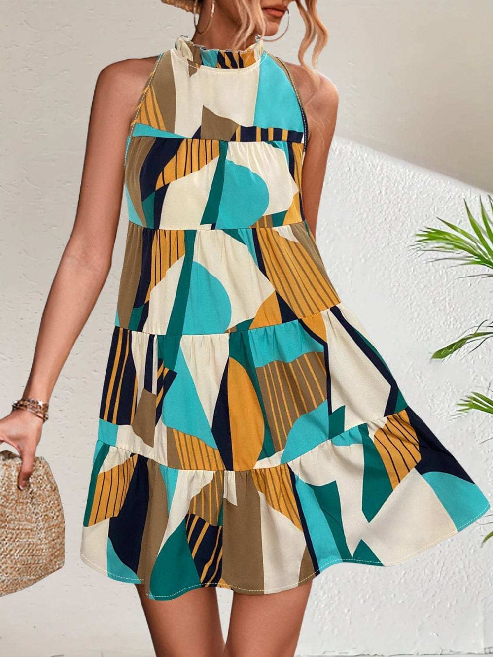 Printed Mock Neck Mini Dress - Trendsi - Flyclothing LLC