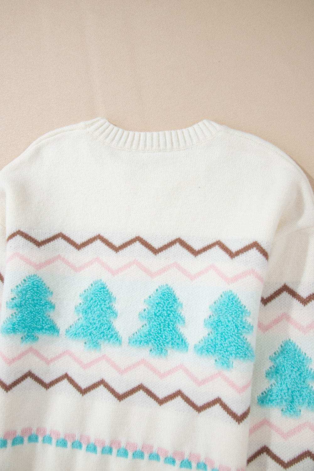 Christmas Tree Ribbed Hem Dropped Shoulder Sweater - Trendsi - Flyclothing LLC