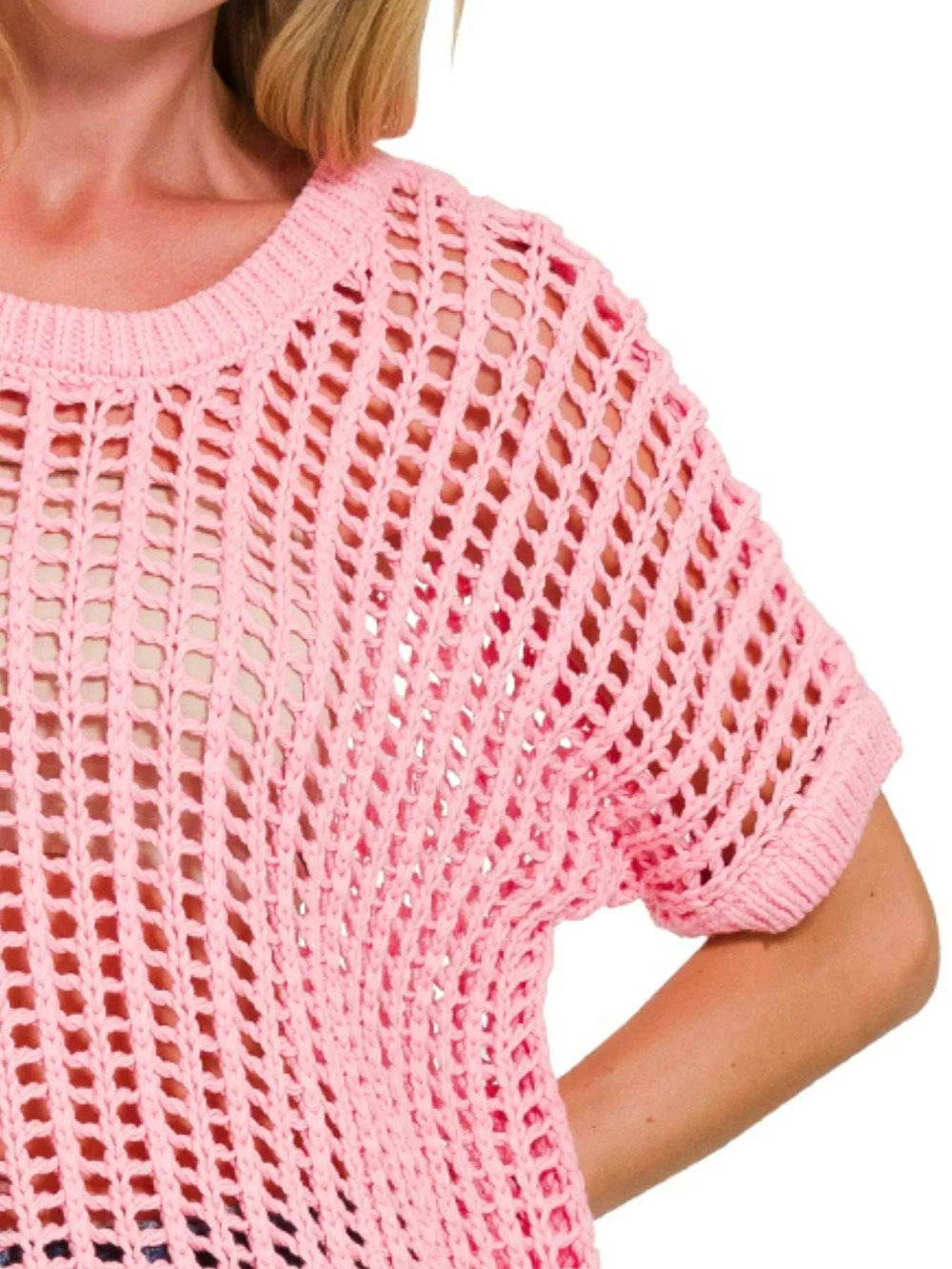 Zenana Fish Net Short Sleeve Crochet Knit Cover Up - Trendsi - Flyclothing LLC