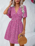 Printed V-Neck Half Sleeve Mini Dress - Trendsi - Flyclothing LLC