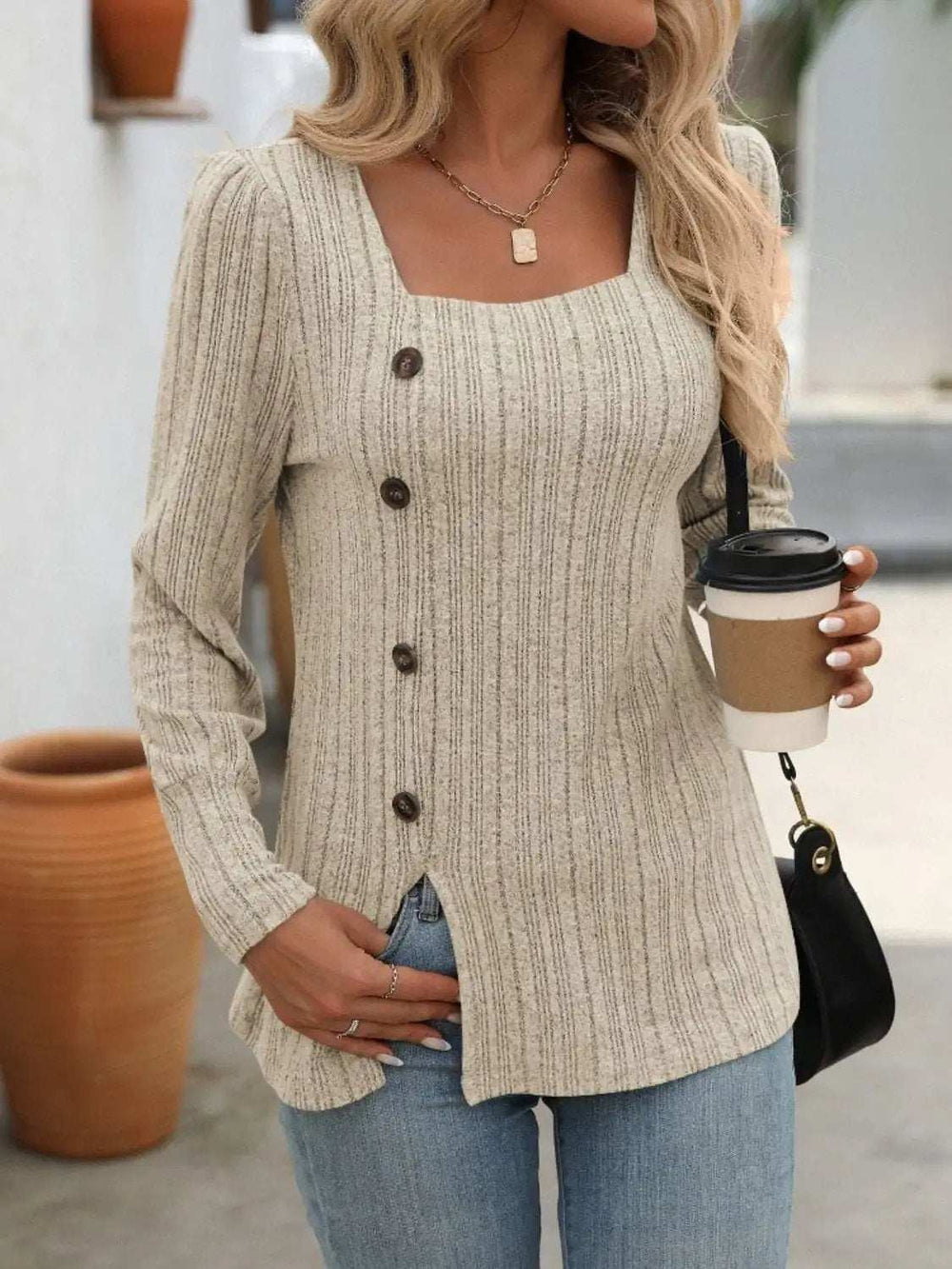 Decorative Button Striped Square Neck Long Sleeve T-Shirt - Trendsi - Flyclothing LLC