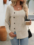 Decorative Button Striped Square Neck Long Sleeve T-Shirt - Trendsi - Flyclothing LLC