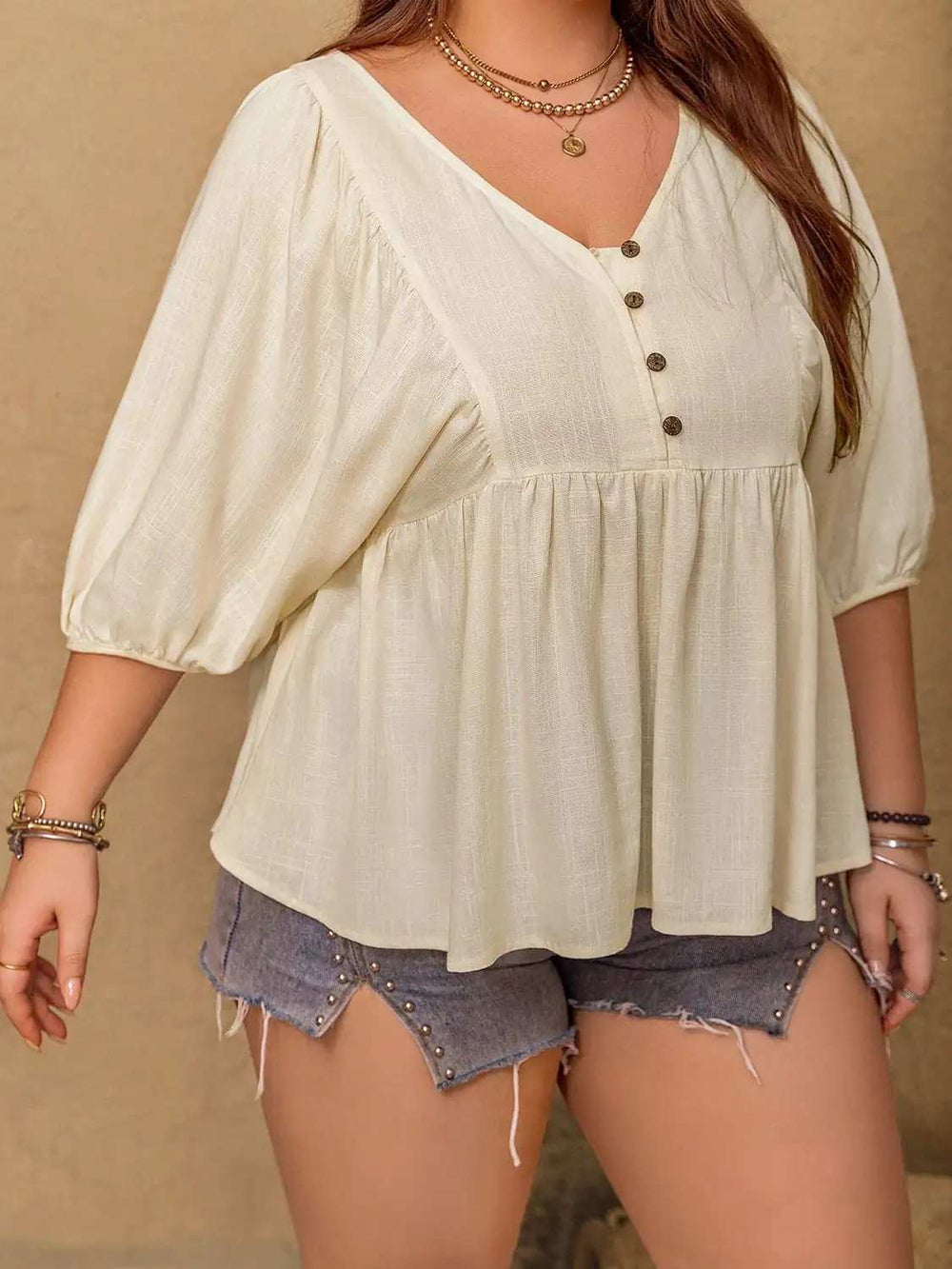Plus Size Peplum V-Neck Half Sleeve Blouse - Trendsi - Flyclothing LLC