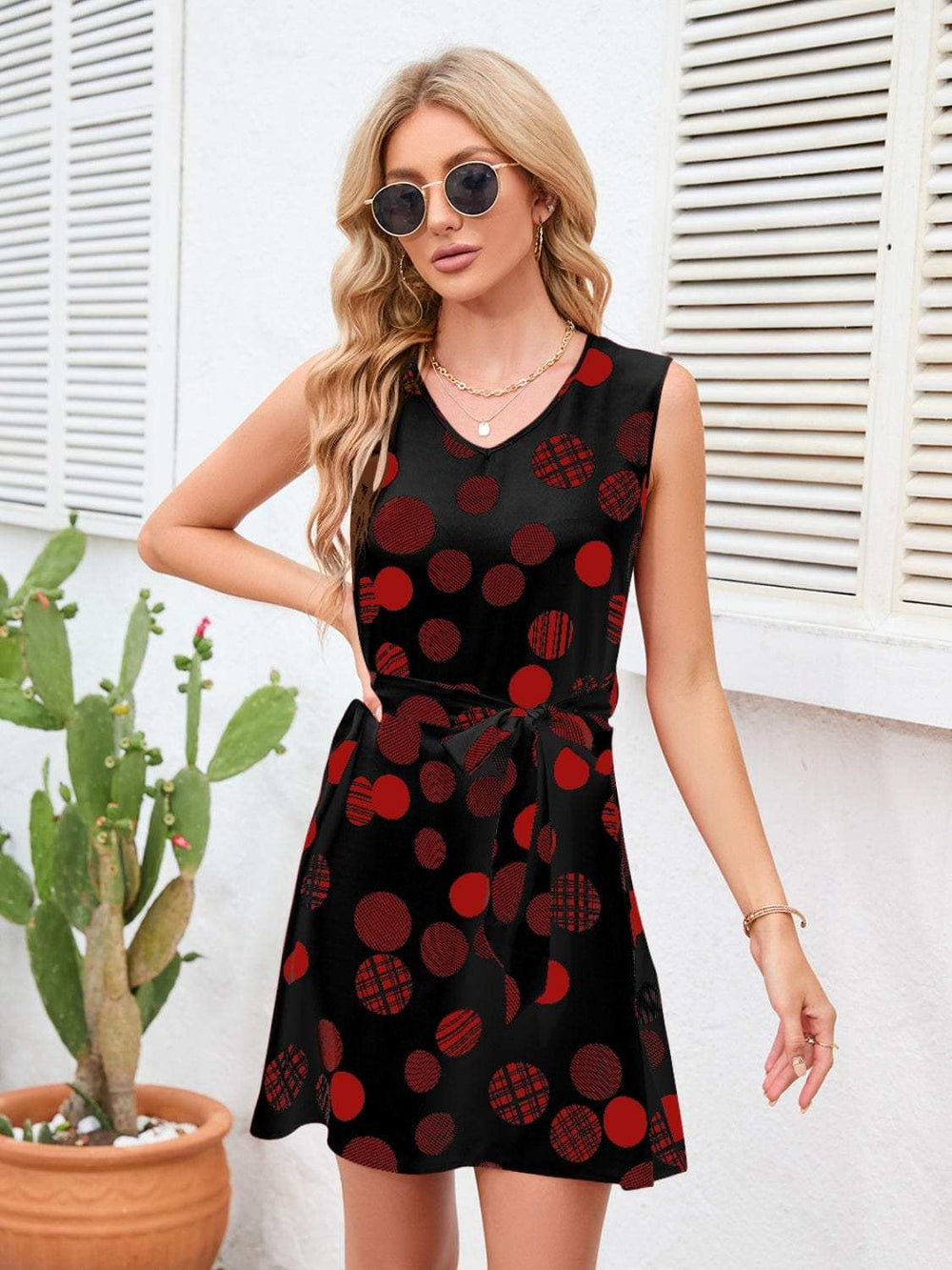Tied Polka Dot V-Neck Dress - Trendsi - Flyclothing LLC