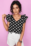 Polka Dot V-Neck Ruffle Cap Sleeve Blouse - Trendsi - Flyclothing LLC