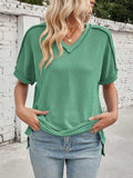 Cord Ribbed V-Neck Short Sleeve T-Shirt - Trendsi - Flyclothing LLC