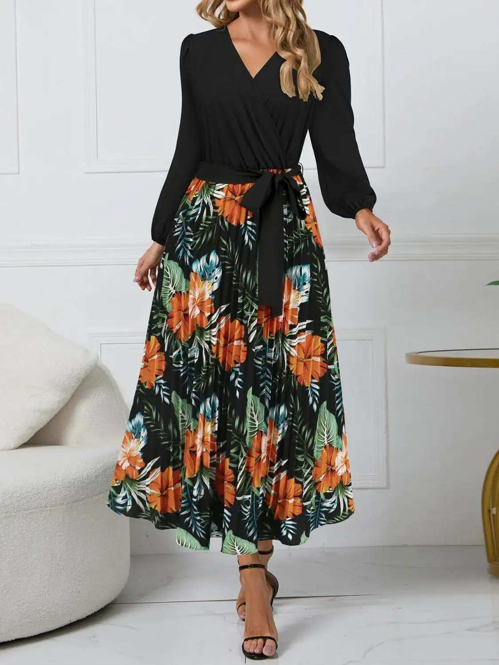 Pleated Printed Surplice Long Sleeve Dress - Trendsi - Flyclothing LLC